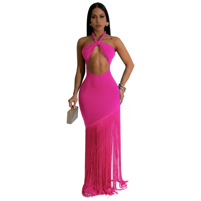 Tassel Stitching Tube Top Bandage One piece Dress Rose Red - Shop at LoveMi
