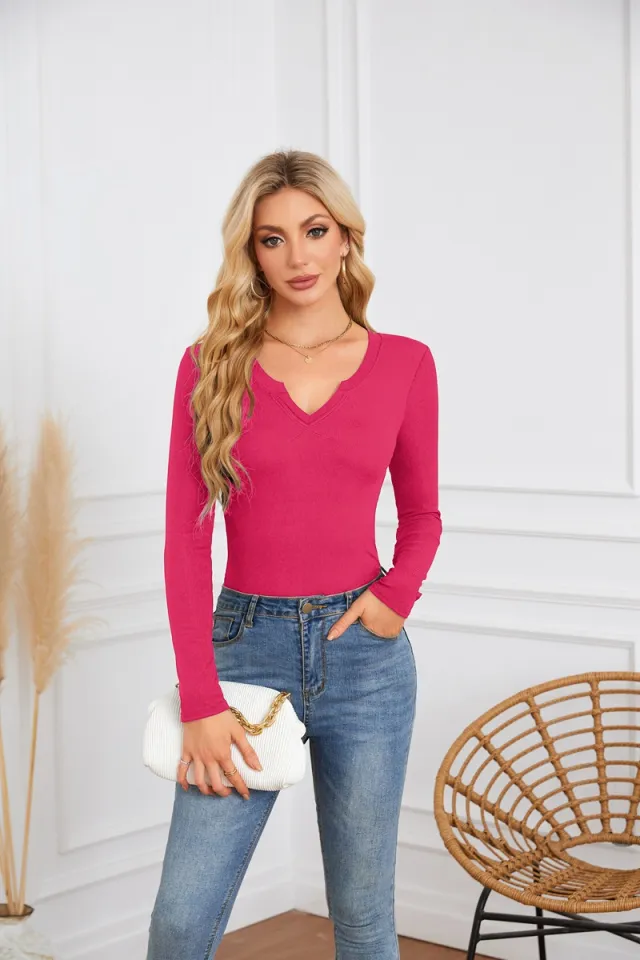 Women's Hot Sunken Stripe Deep U Crisscross Neckline Long sleeved T shirt Top Rose - Shop at LoveMi