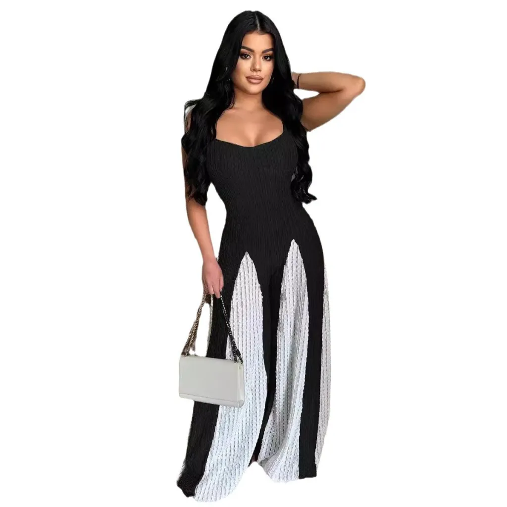 Sexy Cutout Wide Leg Knitted Sling Stitching Contrast Color Jumpsuit - Black