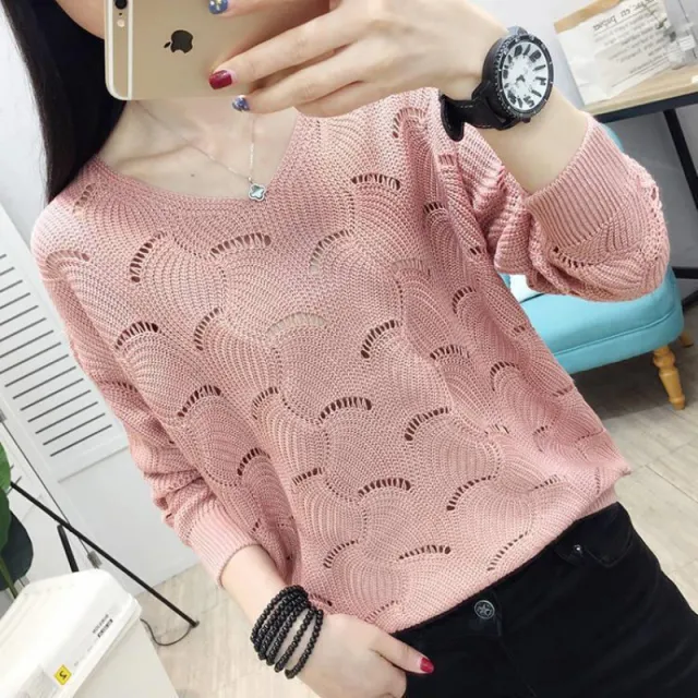 Bottoming V neck Loose Long Sleeve Thin Outerwear Top Pink - Shop at LoveMi