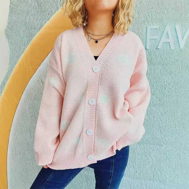Big Dot Jacquard Knitted Cardigan V neck Coat Women Pink - Shop at LoveMi