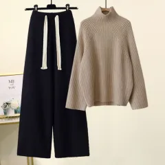 Thickened Coarse Yarn Knitwear Wide Leg Pants Two-piece Set - Khaki Blouse Black Pants - View 1