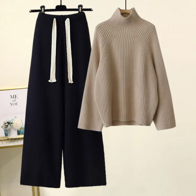 Thickened Coarse Yarn Knitwear Wide Leg Pants Two piece Set Khaki Blouse Black Pants - Shop at LoveMi