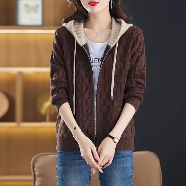 Hooded Sweater Women's Coat Fall Winter Fashion Western Style Zipper Knitted Cardigan Brown - Shop at LoveMi