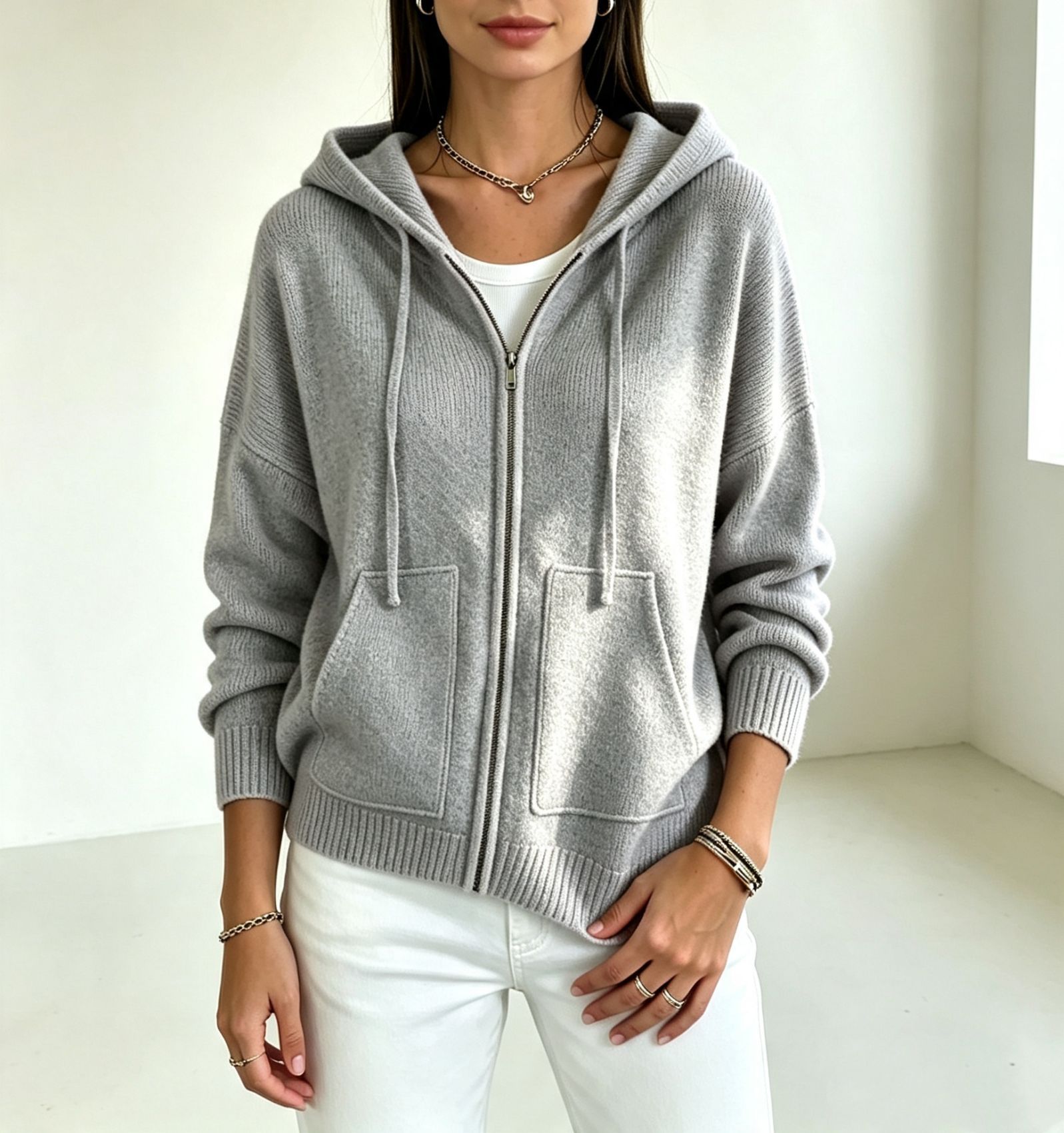 Solid-color Hooded Zip-up Loose-fit Knit Cardigan For Women 2