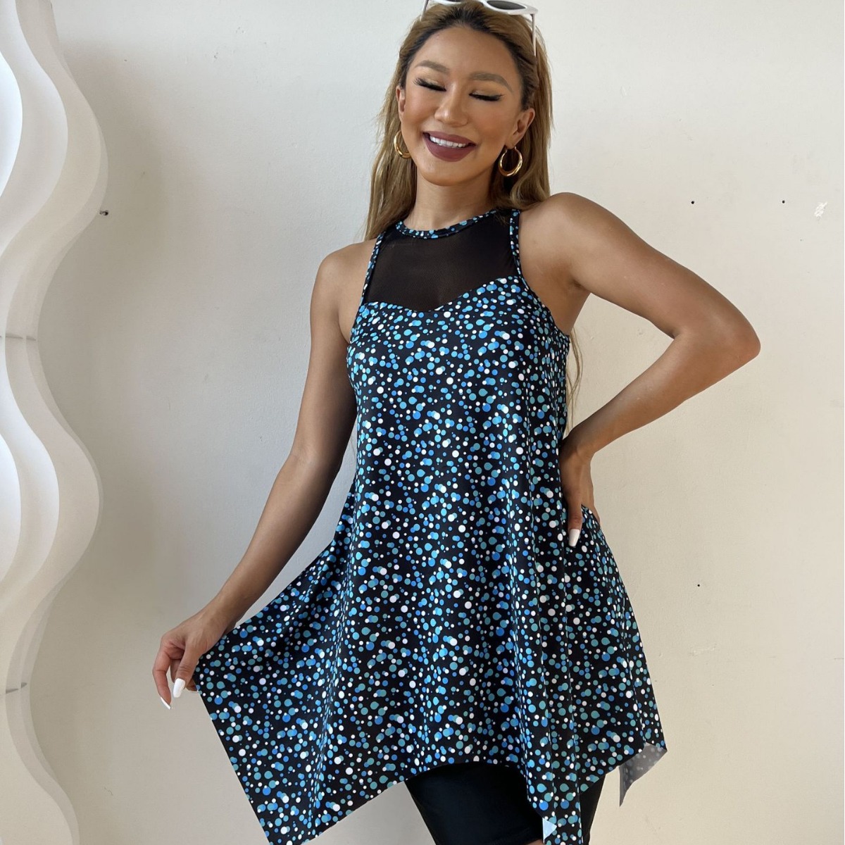 Mesh Printed Conservative Boxer Two-piece Swimsuit