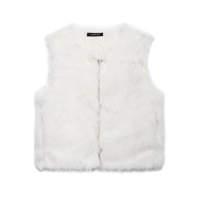 Women's New French Minority Faux Fur Sleeveless Crew Neck Vest White - Shop at LoveMi