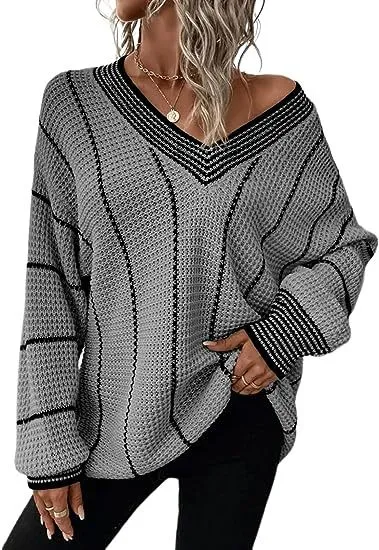 New Autumn And Winter Knitting Striped Pullover Loose Top Gray - Shop at LoveMi