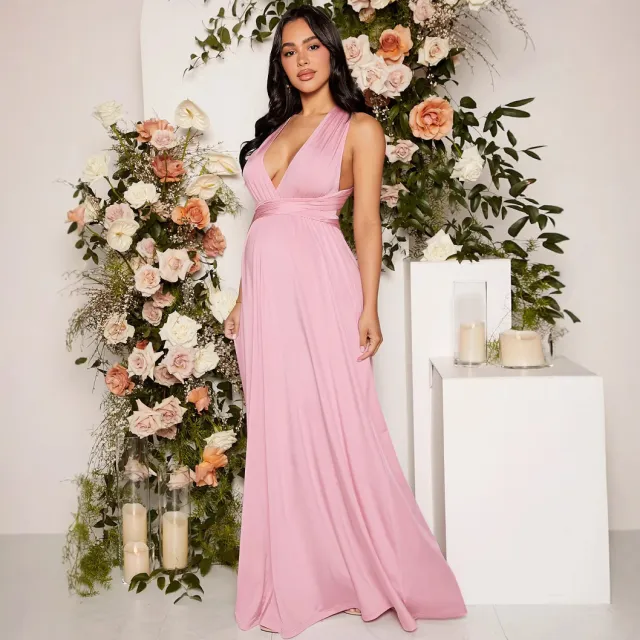 Solid Color Lace up Pregnant Women Swing Long Dress Pink - Shop at LoveMi