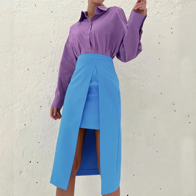 Stitching Wind Asymmetric Split Temperament Skirt Blue - Shop at LoveMi