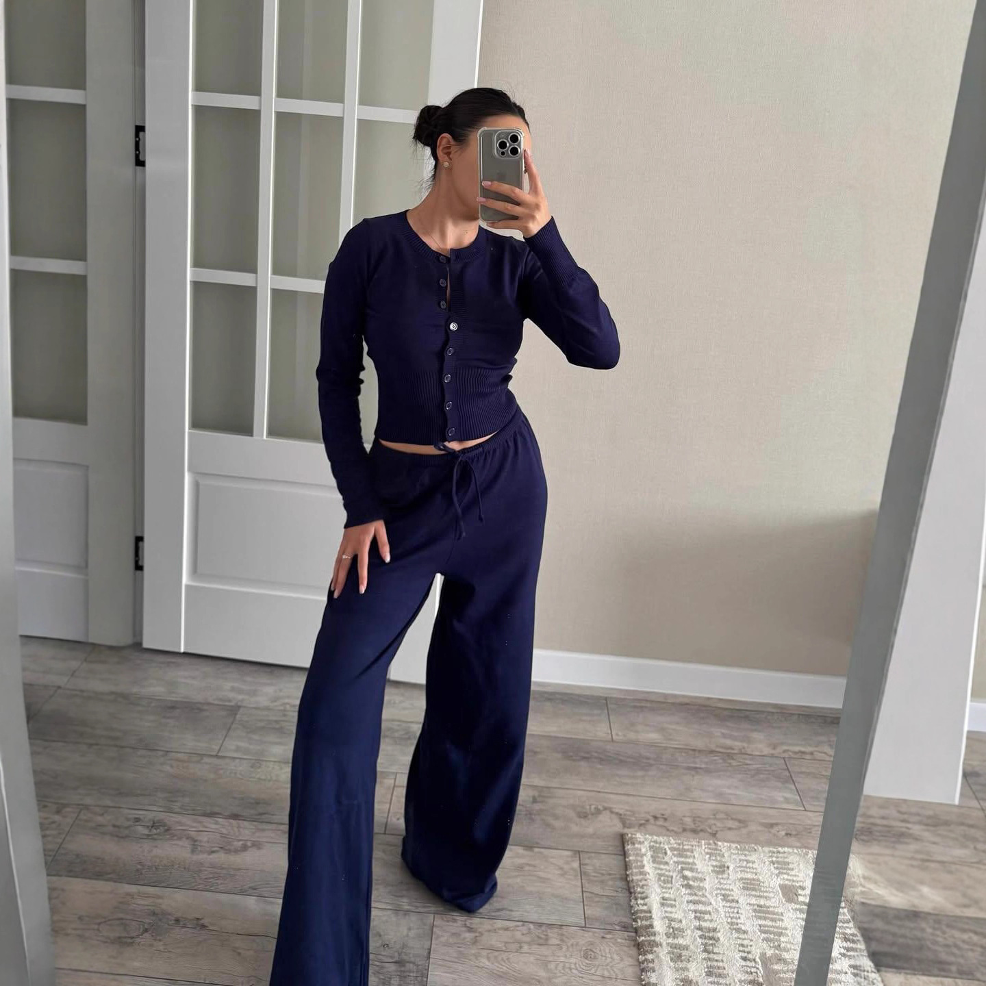 Stylish Summer Cardigan With Buttons Knitted Long-Sleeve Crew-Neck Top And Pants Casual Set