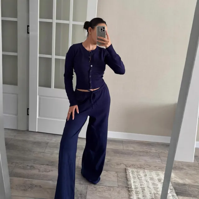 Stylish Summer Cardigan With Buttons Knitted Long Sleeve Crew Neck Top And Pants Casual Set Navy - Shop at LoveMi