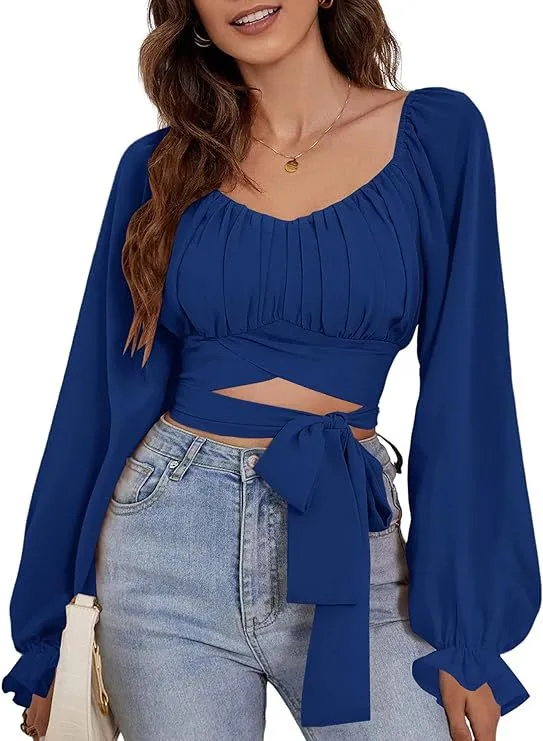 Top Women's Exposed Navel Lantern Sleeve Off the shoulder Collar Blue - Shop at LoveMi