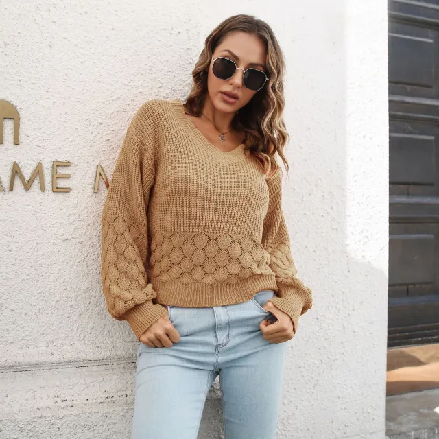 Women's Three dimensional Feather Loose Autumn And Winter Lantern Sleeve Sweater Wheat Yellow - Shop at LoveMi