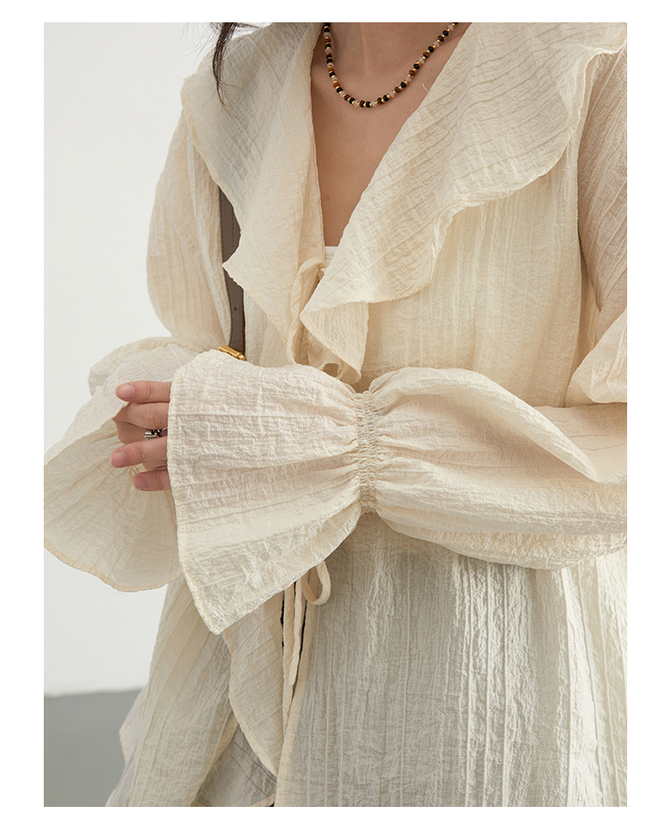 Texture Tencel Ruffled Stretchy Sleeves Lacing Mid-length Shirt