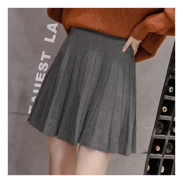 Women's Autumn And Winter High Waist Knit Pleated Skirt Gray - Shop at LoveMi