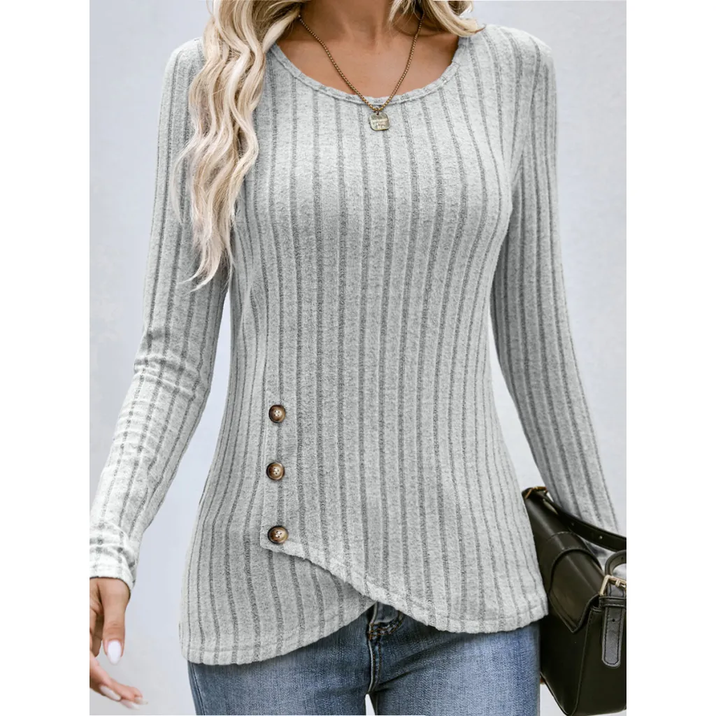 Women's Button Round Neck Sweater - Grey