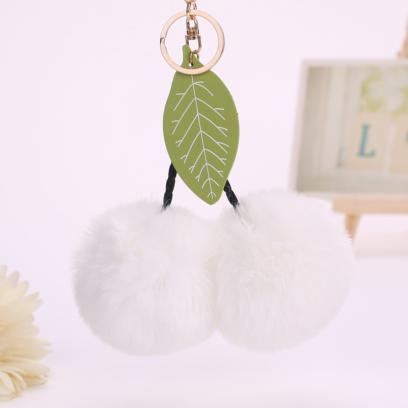 Cute Cherry Leaves Handbag Pendant Fruit Hair Ball Keychain White - Shop at LoveMi