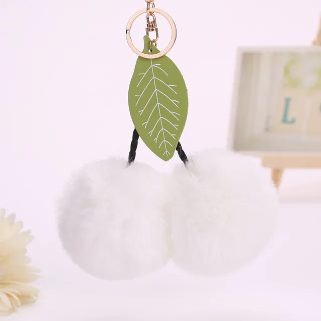 Cute Cherry Leaves Handbag Pendant Fruit Hair Ball Keychain White - Shop at LoveMi