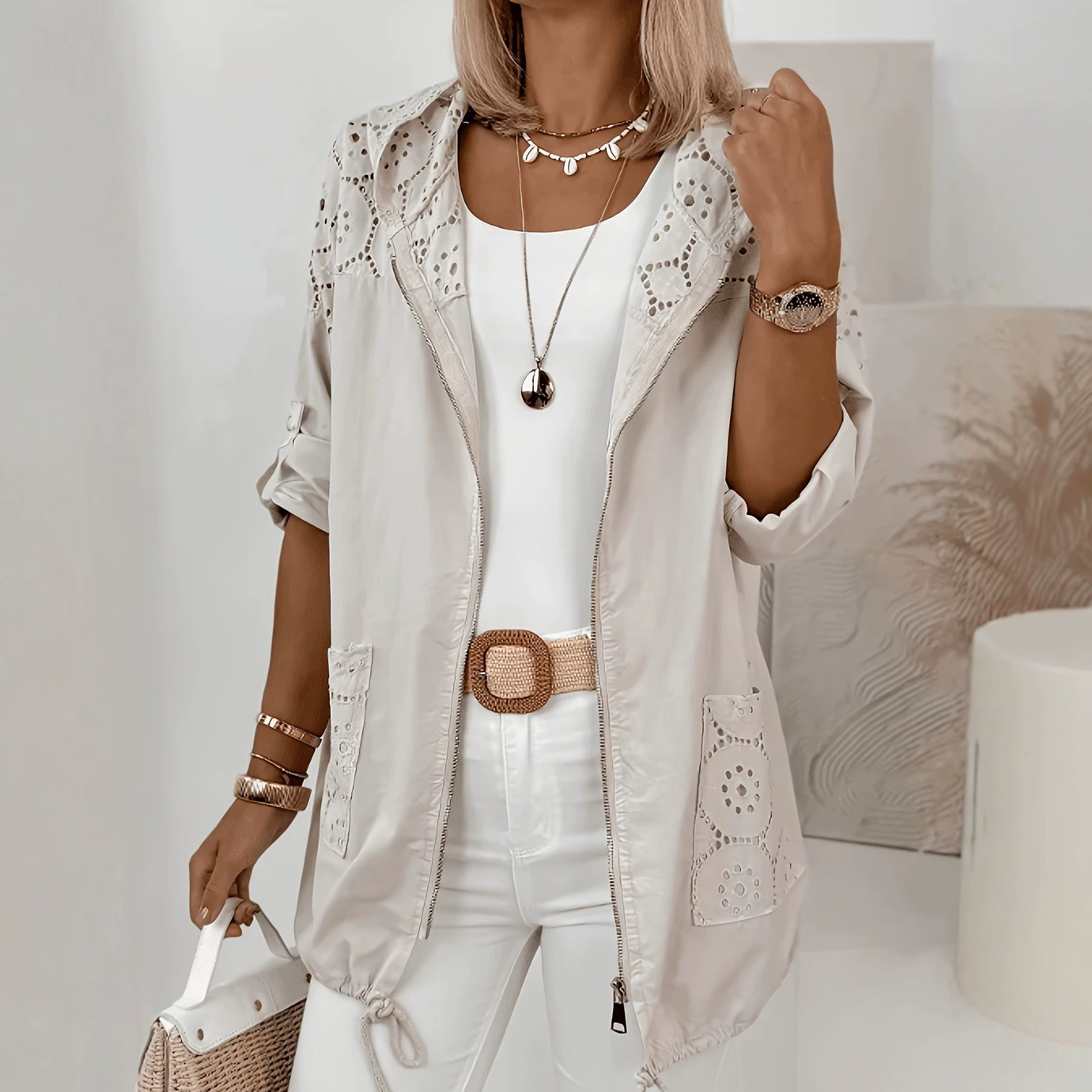 Womens Casual Thin Hooded Jacket With Patchwork Lace Trim