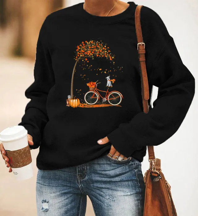 Bicycle Printing Long Sleeve Crew Neck Sweater Women Black - Shop at LoveMi