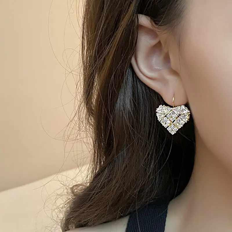 French Style Heart-shaped Zircon Earrings For Women
