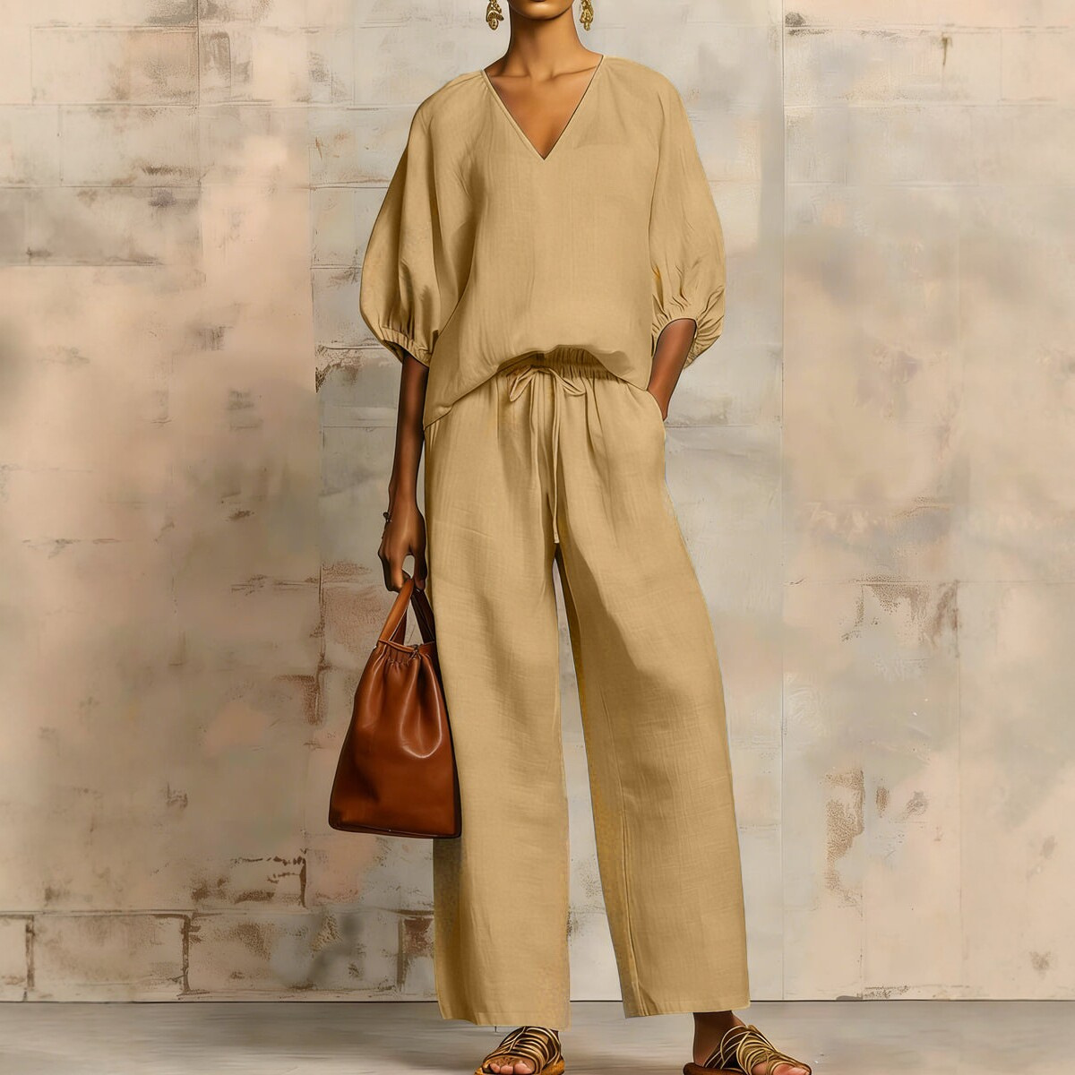 Womens Loose Solid-Colored V-Neck Half-Sleeve Top And Wide-Leg Pants Set - Image 1