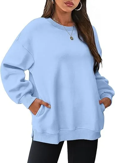 Women's Round Neck Pullover Oversized Loose Velvet Long Sleeve Sweatshirt Light Blue - Shop at LoveMi