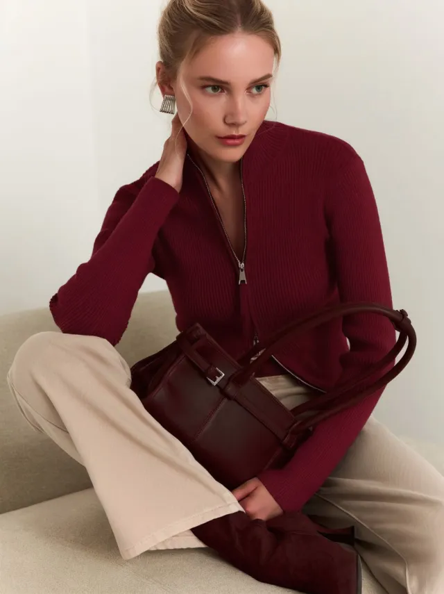 Zipper Slim Fit Top Stand Collar High Waist Trendy Long sleeve Sweater Bottoming Red - Shop at LoveMi