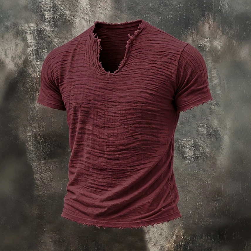 Retro Cotton-Linen T-Shirt With Feathered Hem And A Distinctive V-Neck Short Sleeves