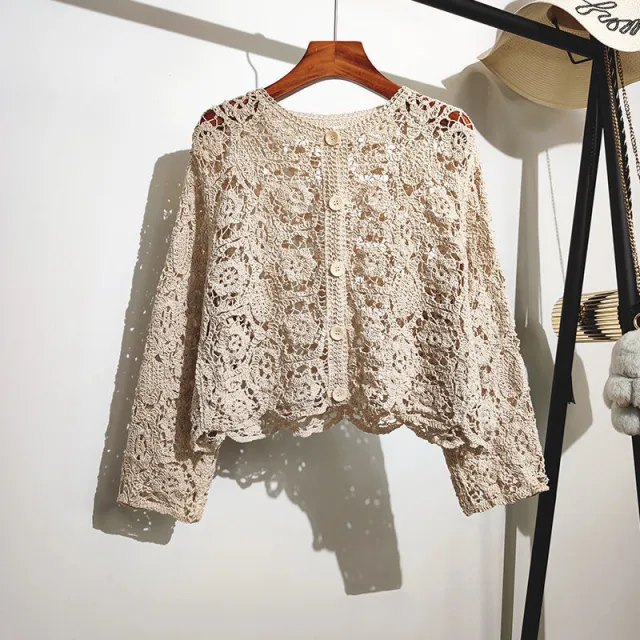 Women's French style Lace Embroidered Hollow out Top Beige - Shop at LoveMi