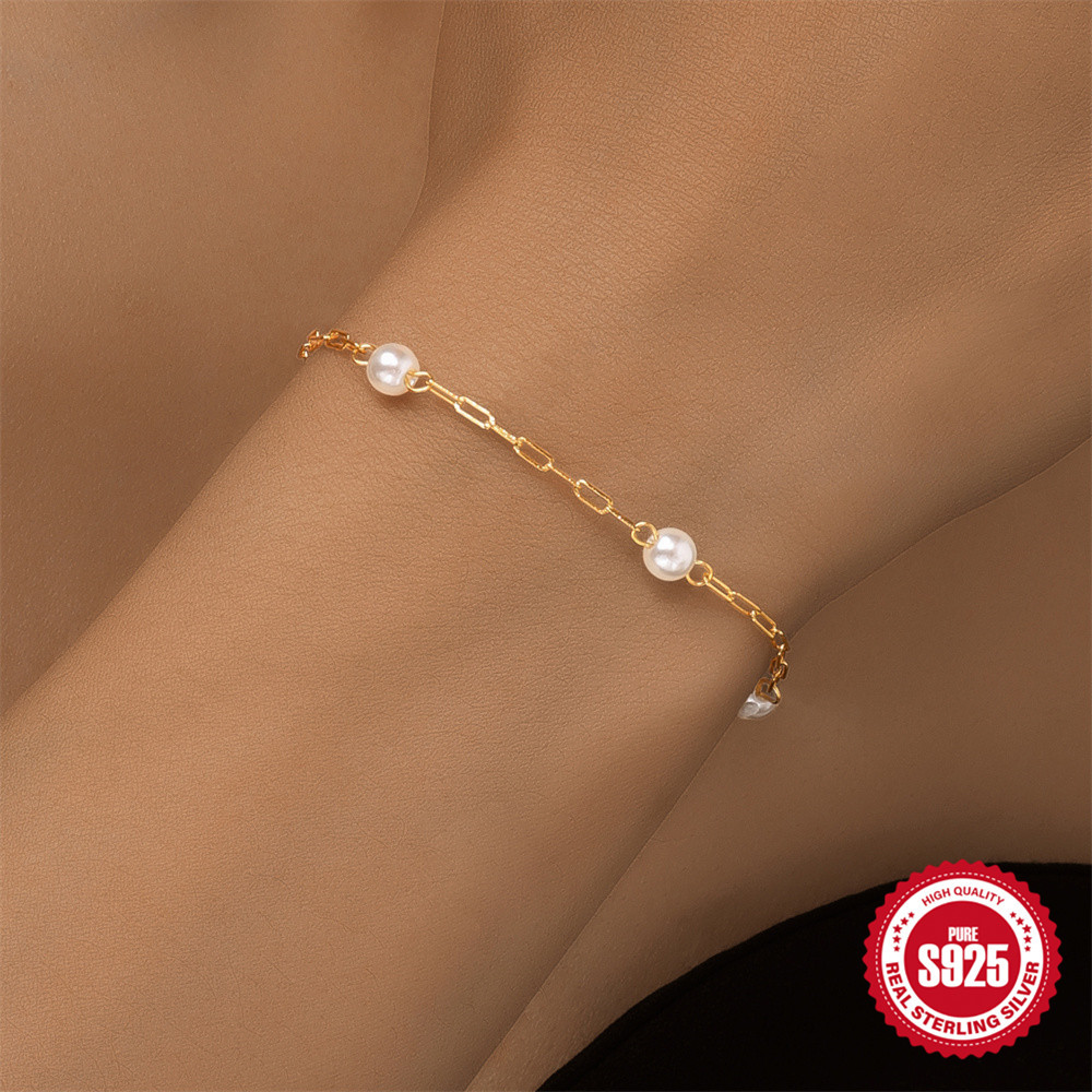 European And American Instagram-style S925 Sterling Silver Pearl Paperclip Chain Bracelet