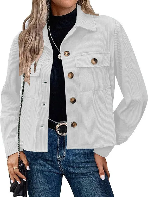 Women's Fashion Casual Short Short Corduroy Button Jacket White - Shop at LoveMi