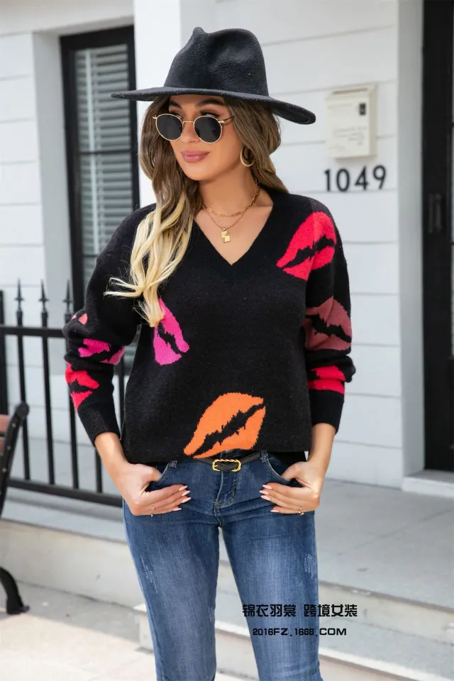 Lip Valentine's Day Sweater V neck Knitted Pullover Sweater Black - Shop at LoveMi