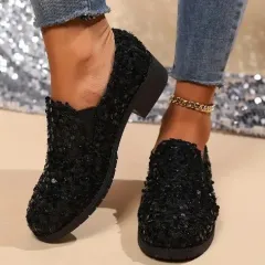 All-matching Gommino Flat Shallow Mouth Sequin Casual Shoes - Black - View 1
