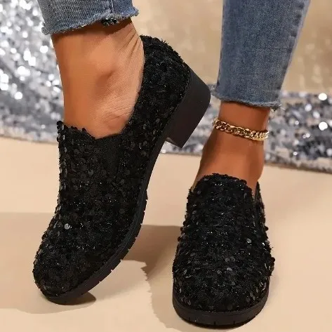 All-matching Gommino Flat Shallow Mouth Sequin Casual Shoes - Black
