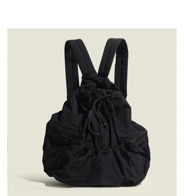 Large Capacity Student Schoolbag Casual Versatile Pleated Nylon Canvas Black - Shop at LoveMi