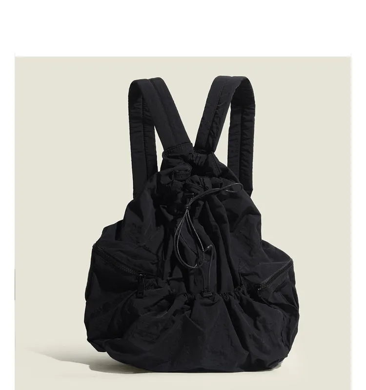 Large Capacity Student Schoolbag Casual Versatile Pleated Nylon Canvas - Black
