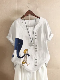 Women's Fashion Cartoon Printed Cotton And Linen Loose Casual Short-sleeved T-shirt - White - View 1