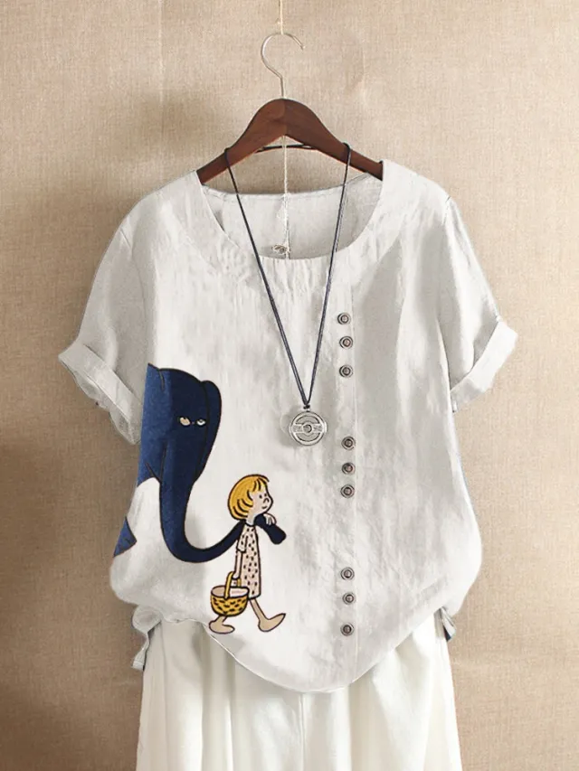 Women's Fashion Cartoon Printed Cotton And Linen Loose Casual Short sleeved T shirt White - Shop at LoveMi