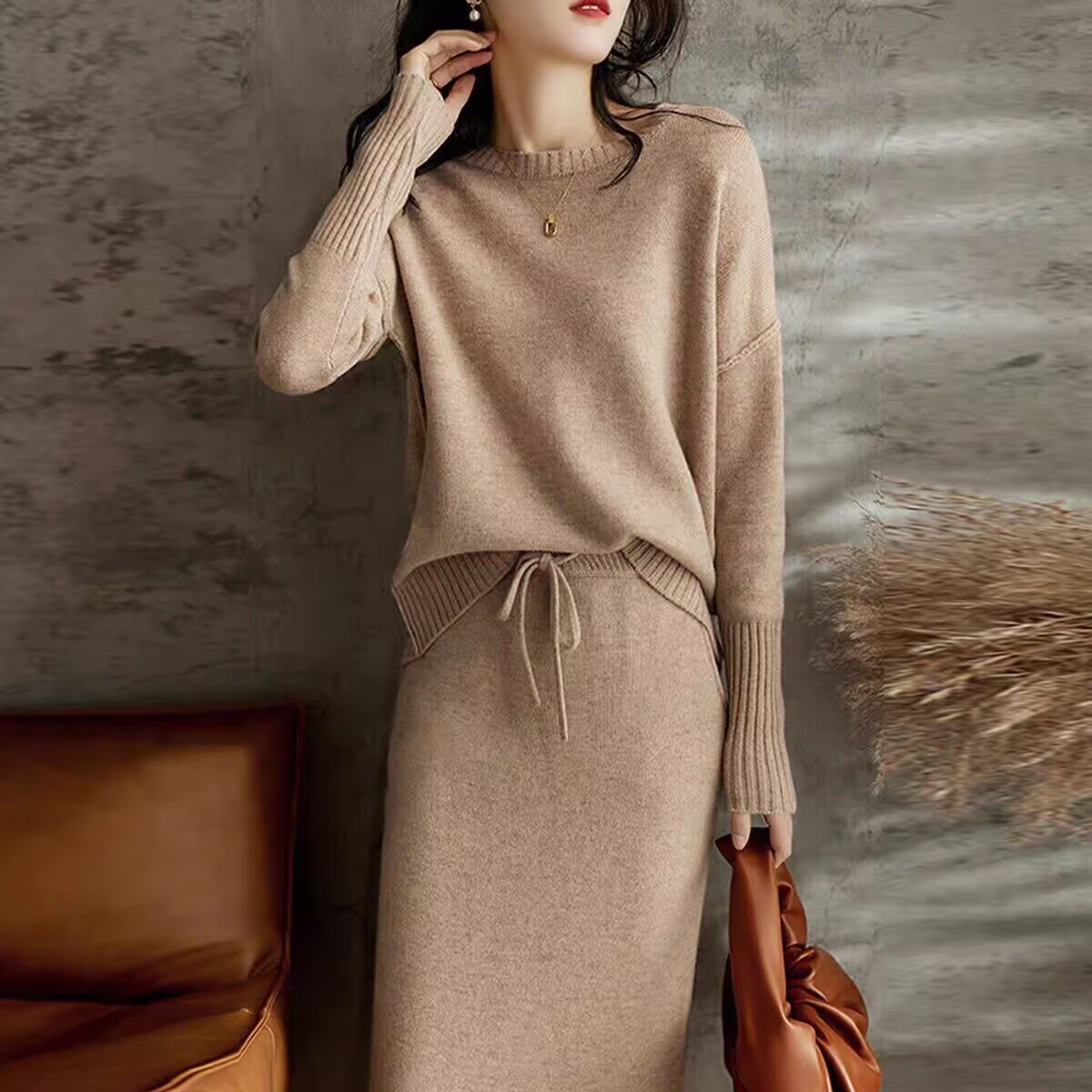 Drawstring High Waist Pure Color Wool Knitted Dress Two piece Set Khaki - Shop at LoveMi