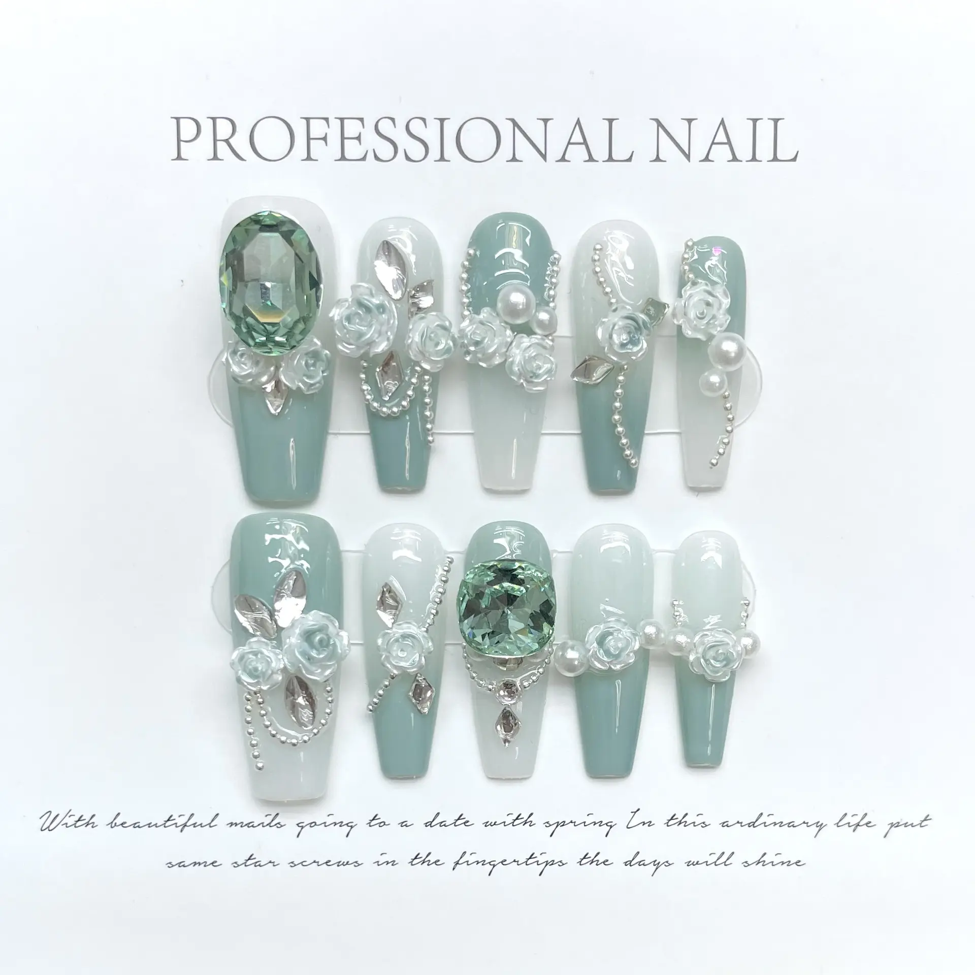 Wear Nail Green Full Diamond Camellia Gradient
