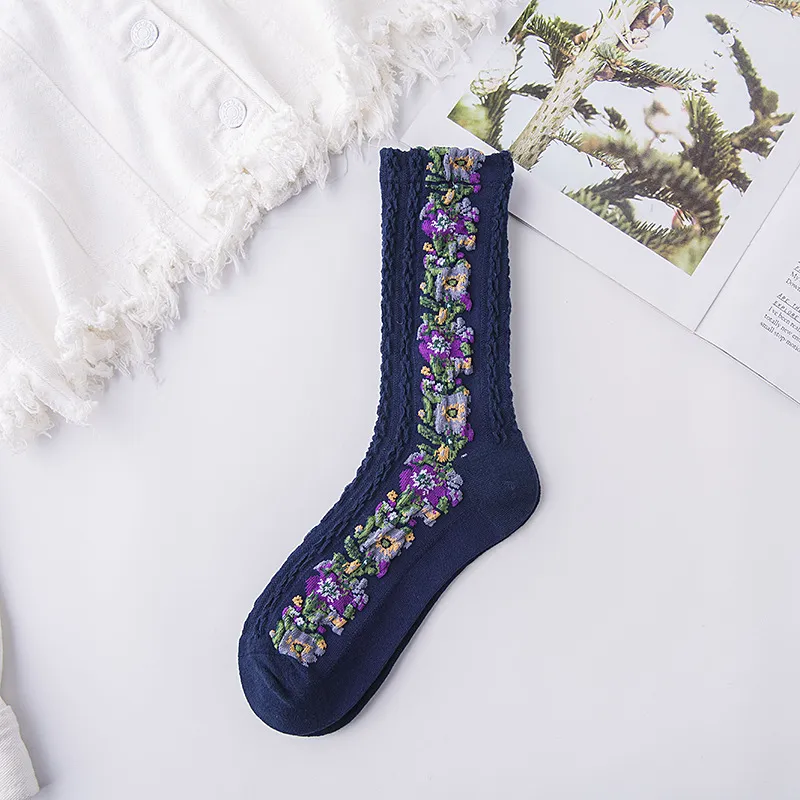 Autumn And Winter New Cotton Retro Hemp Pattern Women's Mid-calf Length Sock Stockings - Blue
