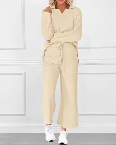Solid Colour Texture Fashion Casual Set Long-sleeved Sweater And Trousers Two-piece Set - Creamy White - View 1