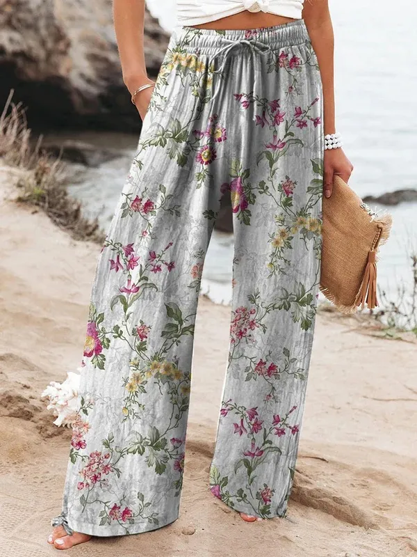 Fashionable Floral Art Printed Elastic Waist Drawstring Pocket Trousers 10 Style - Shop at LoveMi