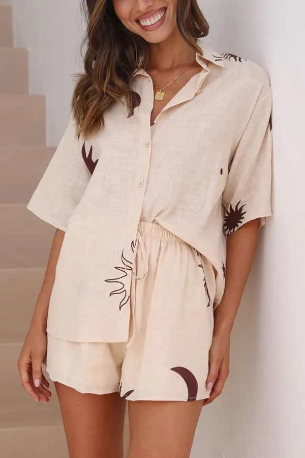 Casual Shirt Short Sleeve Cardigan Printed Home Two piece Set Apricot Flower - Shop at LoveMi