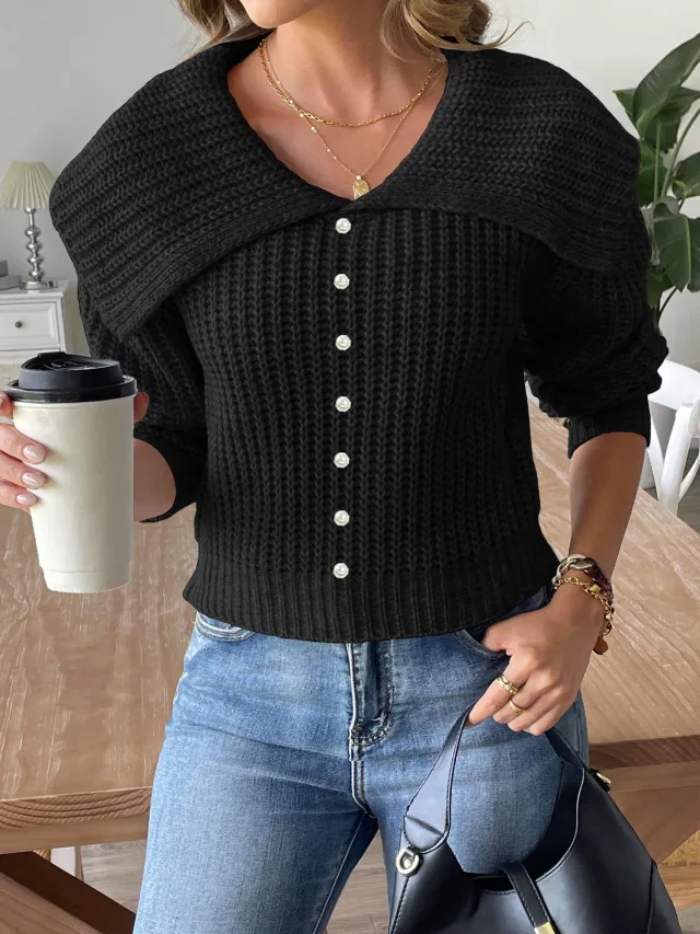 Women's Short Top Beaded Lapel Sweater Black - Shop at LoveMi