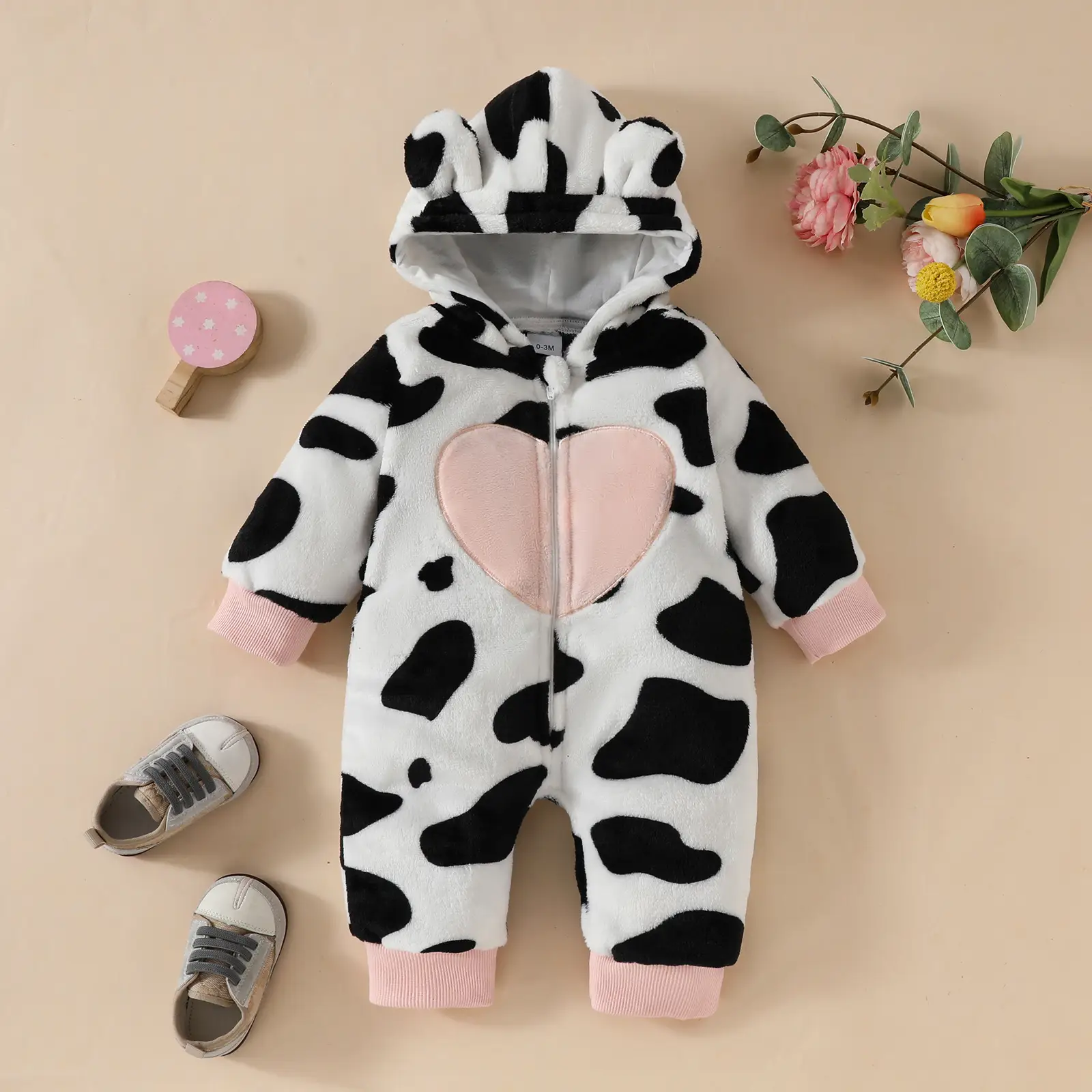 Baby Fur Hooded Romper Love Affixed Cloth Embroidered Cow Stripes Casual Zipper Long Type Crawling Suit