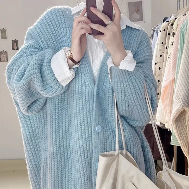 Thick Needle Thickening Cardigan Sweater Baggy Coat Sky Blue - Shop at LoveMi