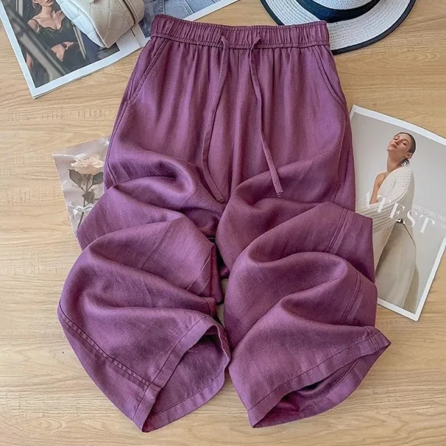 High Waist Drape Linen Cropped Straight Pants Purple - Shop at LoveMi